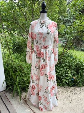 SHEIN White Maxi Dress with Pink Floral Print